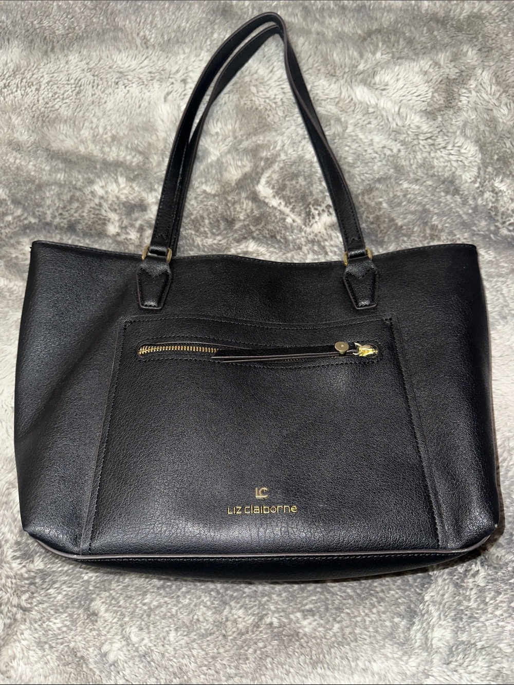 Liz Claiborne Black Leather Shoulder Tote with Front Zip Pocket